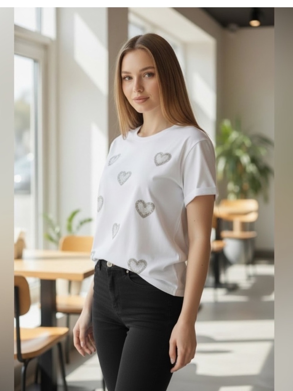 Ontwelfth White Short Sleeve Tee with Silver Heart Embellishments